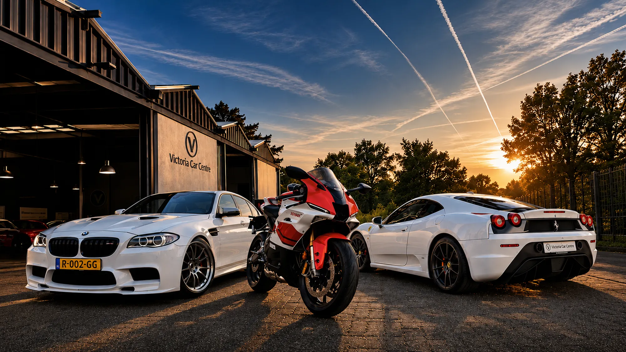 Victoria Car Centre — geïmporteerde auto's en motor voor het pand bij zonsondergang